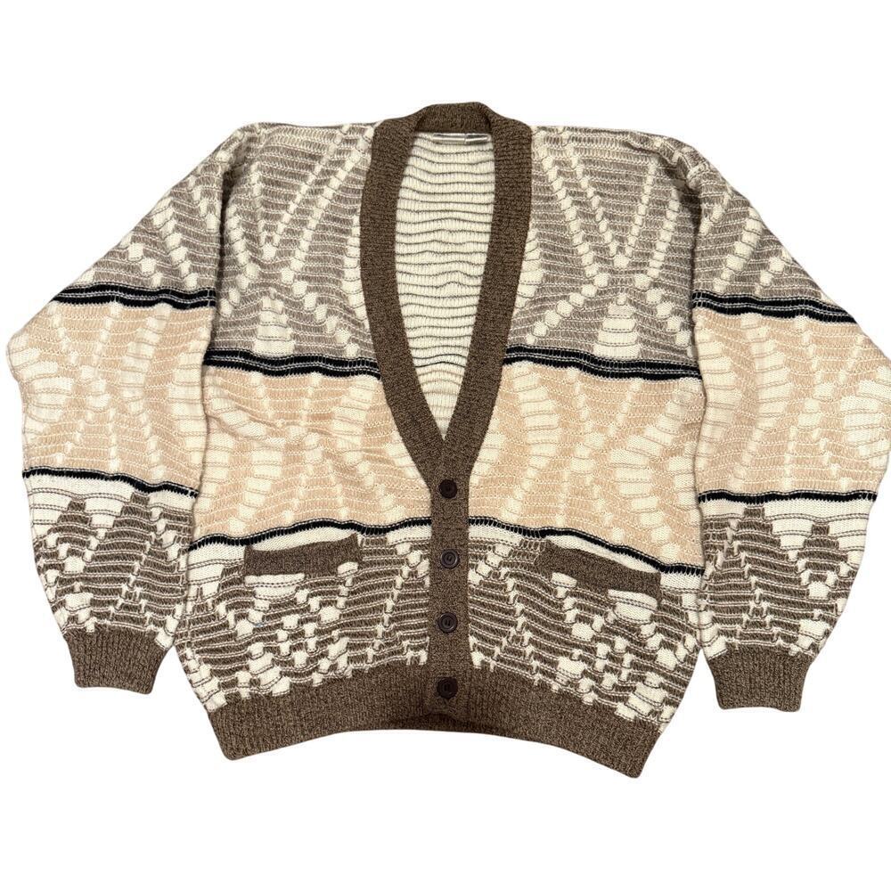 Vintage Bachrach Wool Cardigan Men Large Brown Beige Cozy Retro Grandpa Sweater